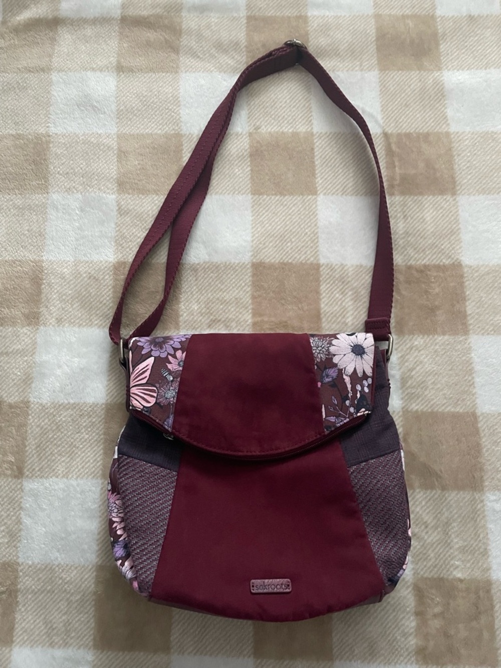 Sakroots Foldover Burgundy Floral Shoulder Adjustable Bag 10.5x11x3.5 inches